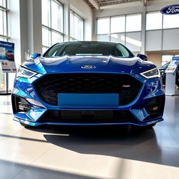 A blue 2025 Ford Falcon with an aggressive front end showcased inside a contemporary Ford dealership