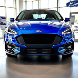 A blue 2025 Ford Falcon with an aggressive front end showcased inside a contemporary Ford dealership