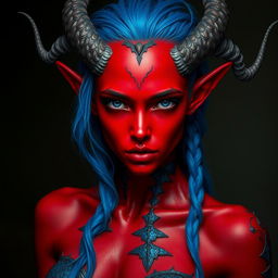 A female tiefling with deep black eyes and striking red skin, adorned with blue dragon scales