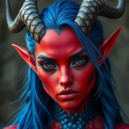 A female tiefling with deep black eyes and striking red skin, adorned with blue dragon scales