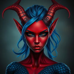 A female tiefling with deep black eyes and striking red skin, adorned with blue dragon scales