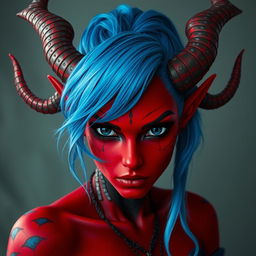 A female tiefling with deep black eyes and striking red skin, adorned with blue dragon scales