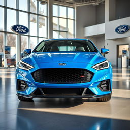 A blue 2025 Ford Falcon with an aggressive front end prominently displayed in a modern Ford dealership