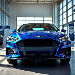 A blue 2025 Ford Falcon with an aggressive front end prominently displayed in a modern Ford dealership