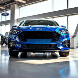 A blue 2025 Ford Falcon with an aggressive front end prominently displayed in a modern Ford dealership