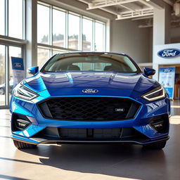 A blue 2025 Ford Falcon with an aggressive front end prominently displayed in a modern Ford dealership