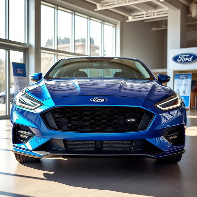 A blue 2025 Ford Falcon with an aggressive front end prominently displayed in a modern Ford dealership