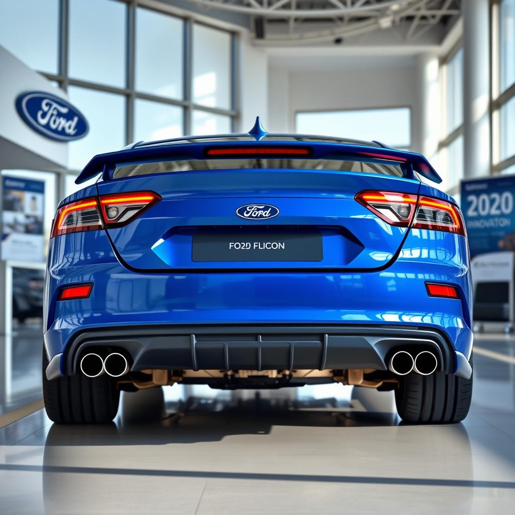 A blue 2025 Ford Falcon featuring an aggressive rear end with quad exhaust showcased in a modern Ford dealership