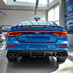 A blue 2025 Ford Falcon featuring an aggressive rear end with quad exhaust showcased in a modern Ford dealership