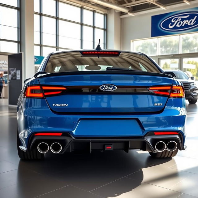 A blue 2025 Ford Falcon featuring an aggressive rear end with quad exhaust showcased in a modern Ford dealership