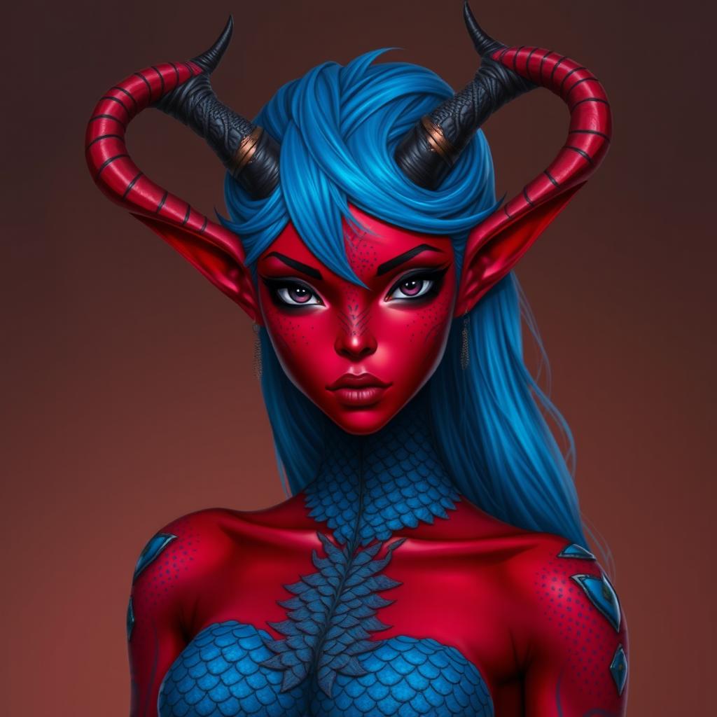 A female tiefling with deep black eyes and striking red skin, adorned with blue dragon scales