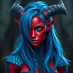 A female tiefling with deep black eyes and striking red skin, adorned with blue dragon scales