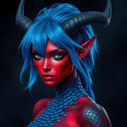 A female tiefling with deep black eyes and striking red skin, adorned with blue dragon scales