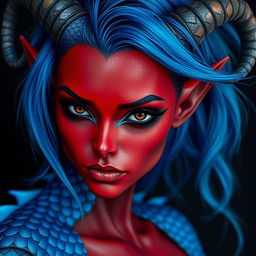 A female tiefling with deep black eyes and striking red skin, adorned with blue dragon scales