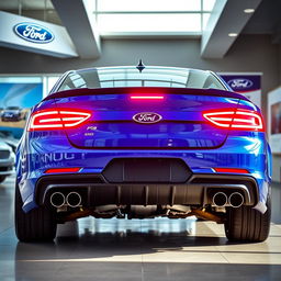 A blue 2025 Ford Falcon with an aggressive rear end featuring quad exhaust and connected rear lights, displayed in a modern Ford dealership