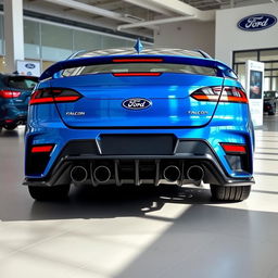 A blue 2025 Ford Falcon with an aggressive rear end featuring quad exhaust and connected rear lights, displayed in a modern Ford dealership