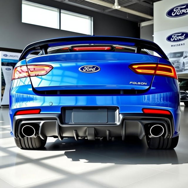 A blue 2025 Ford Falcon with an aggressive rear end featuring quad exhaust and connected rear lights, displayed in a modern Ford dealership