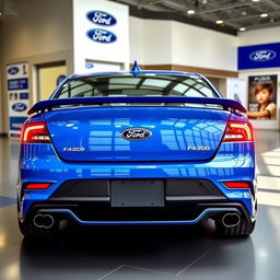 A blue 2025 Ford Falcon with an aggressive rear end featuring quad exhaust and connected rear lights, displayed in a modern Ford dealership