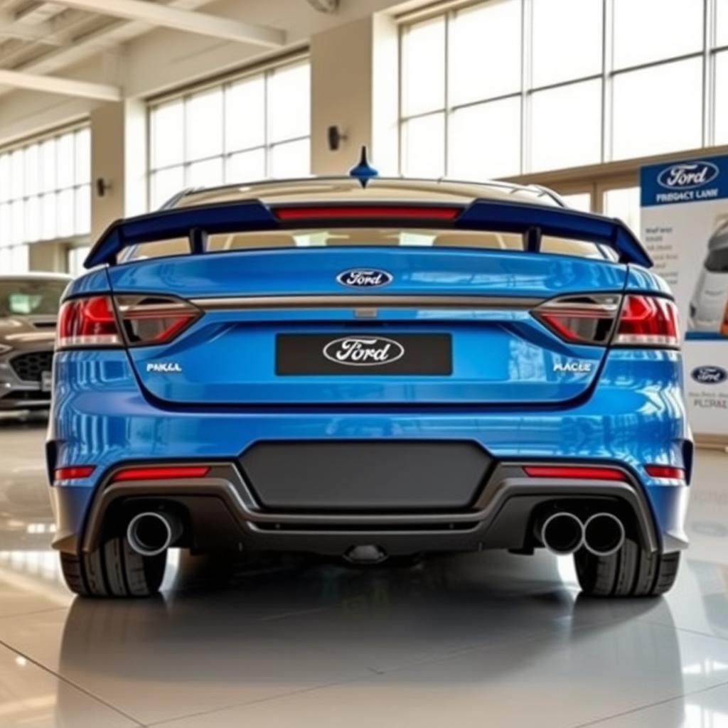 A blue 2025 Ford Falcon with an aggressive rear end, prominently featuring quad exhaust tips, showcased in a modern Ford dealership