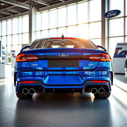 A blue 2025 Ford Falcon with an aggressive rear end, prominently featuring quad exhaust tips, showcased in a modern Ford dealership