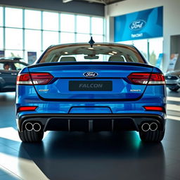 A blue 2025 Ford Falcon with an aggressive rear end, prominently featuring quad exhaust tips, showcased in a modern Ford dealership