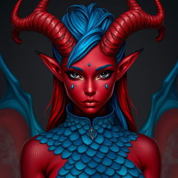 A female tiefling with deep black eyes and striking red skin, adorned with blue dragon scales