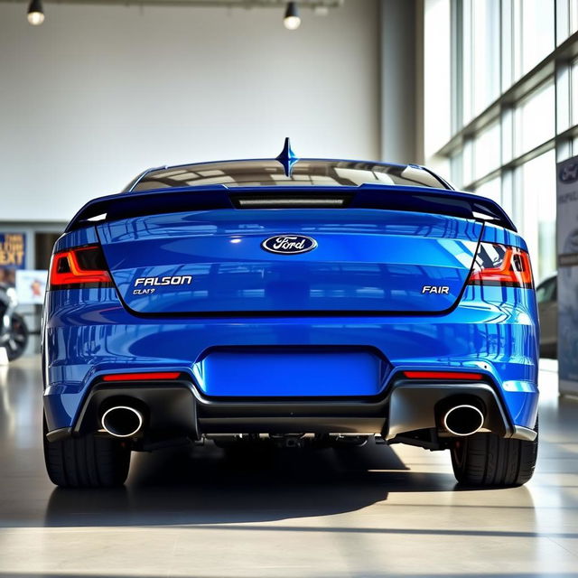 A blue 2025 Ford Falcon with an aggressive rear end, prominently featuring quad exhaust tips, showcased in a modern Ford dealership