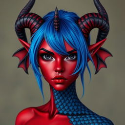 A female tiefling with deep black eyes and striking red skin, adorned with blue dragon scales