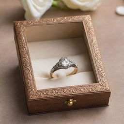 A unique ring box, masterfully crafted in the shape of a classic book. Its cover designed with realistic textures, the interior lined with soft satin to protect the precious ring.