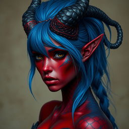 A female tiefling with deep black eyes and striking red skin, adorned with blue dragon scales