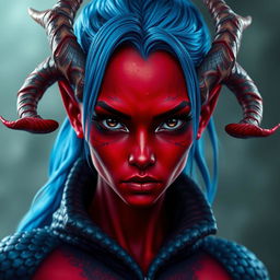 A female tiefling with deep black eyes and striking red skin, adorned with blue dragon scales