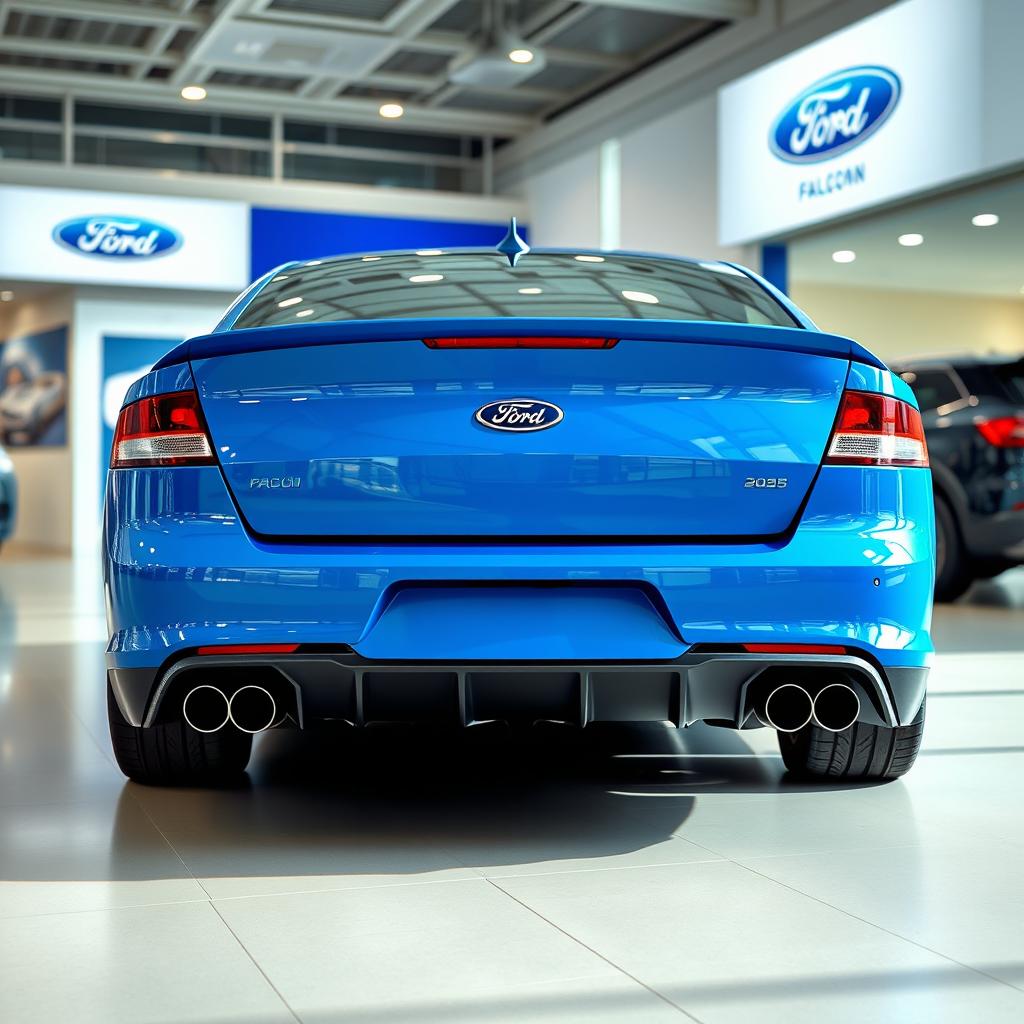 A blue 2025 Ford Falcon with an aggressive rear end, featuring quad exhaust tips, displayed in a modern Ford dealership