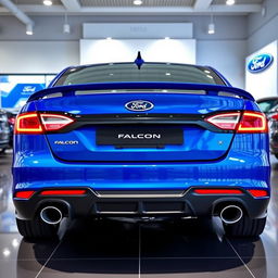 A blue 2025 Ford Falcon with an aggressive rear end, featuring quad exhaust tips, displayed in a modern Ford dealership