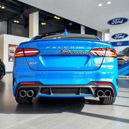 A blue 2025 Ford Falcon with an aggressive rear end, featuring quad exhaust tips, displayed in a modern Ford dealership