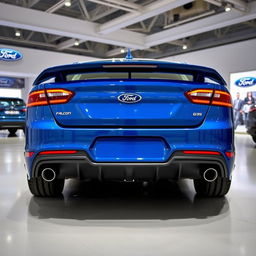 A blue 2025 Ford Falcon with an aggressive rear end, featuring quad exhaust tips, displayed in a modern Ford dealership