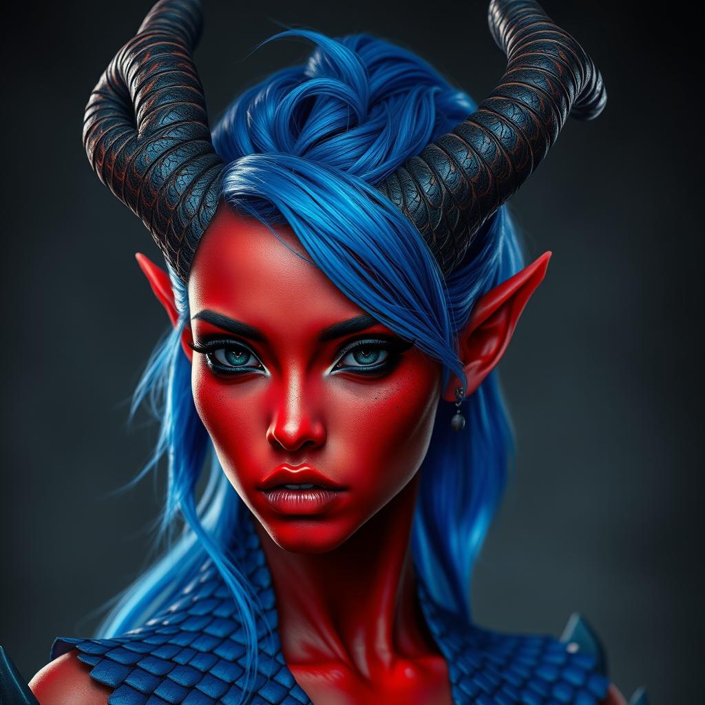 A female tiefling with deep black eyes and striking red skin, adorned with blue dragon scales