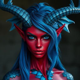 A female tiefling with deep black eyes and striking red skin, adorned with blue dragon scales