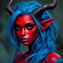 A female tiefling with deep black eyes and striking red skin, adorned with blue dragon scales