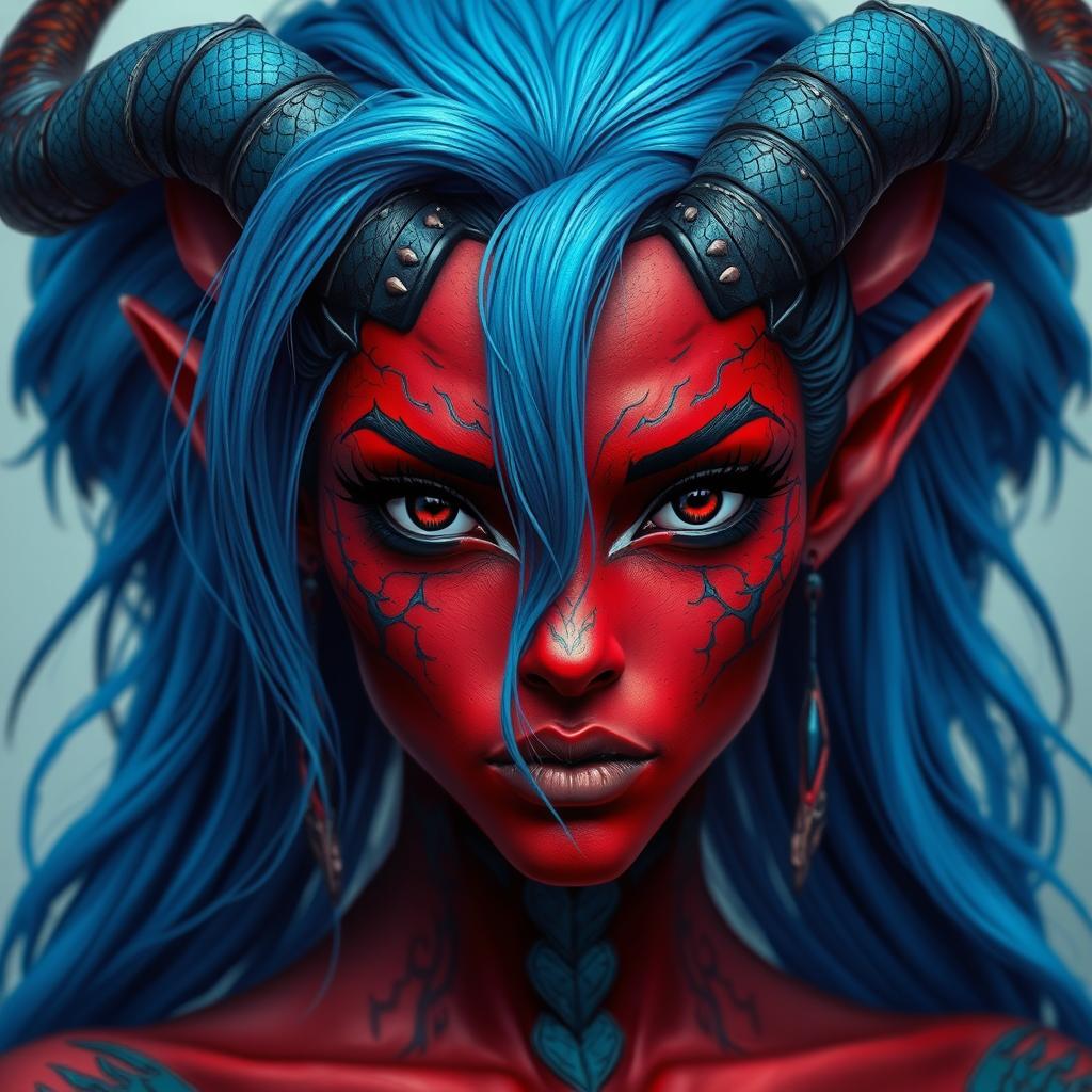 A female tiefling with deep black eyes and striking red skin, adorned with blue dragon scales