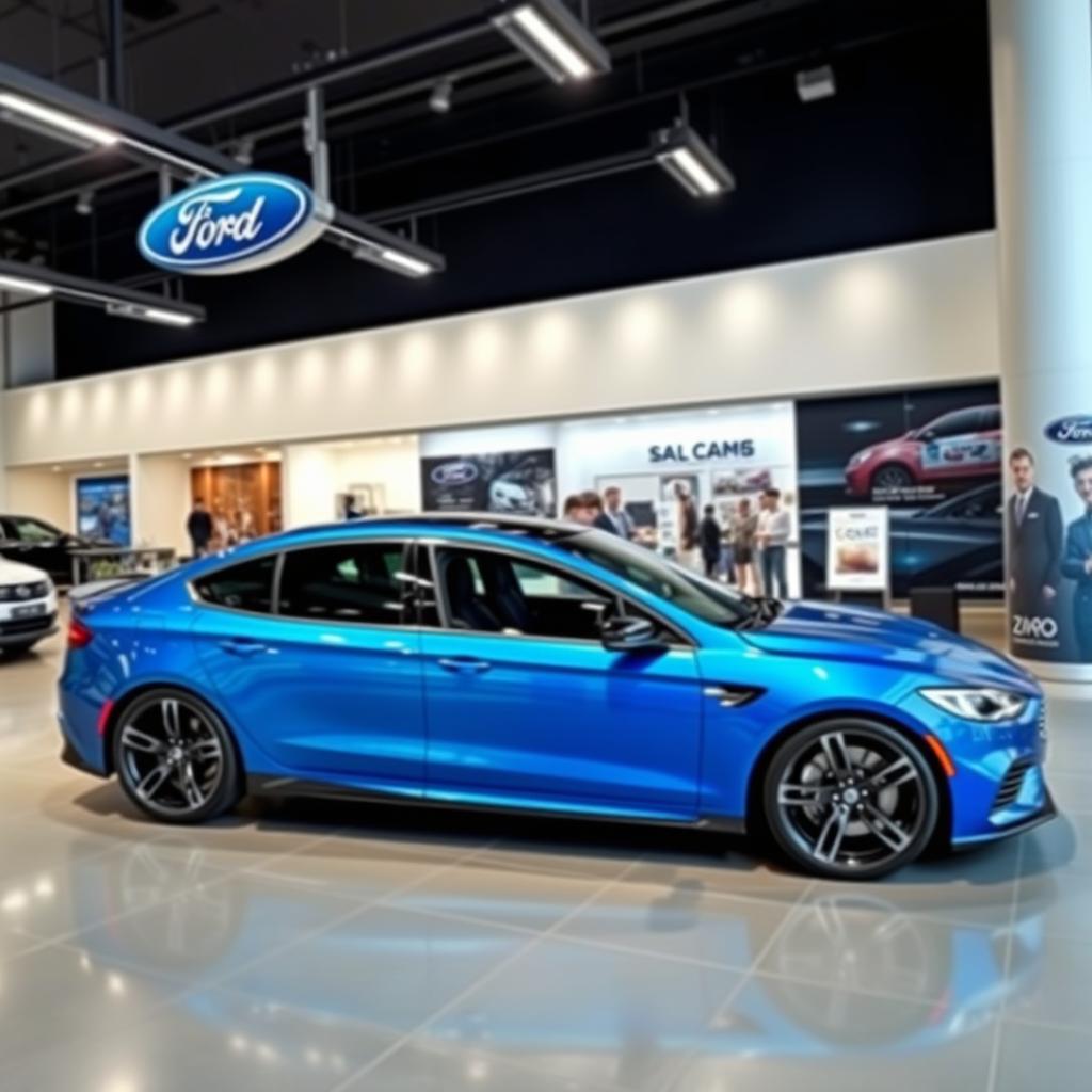 A blue 2025 Ford Falcon with an aggressive side view, featuring 20-inch sporty rims, showcased in a modern Ford dealership