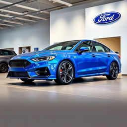 A blue 2025 Ford Falcon with an aggressive side view, featuring 20-inch sporty rims, showcased in a modern Ford dealership