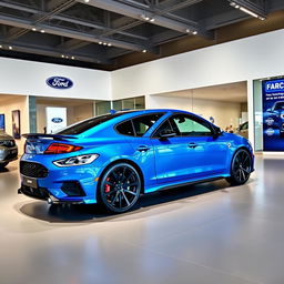 A blue 2025 Ford Falcon with an aggressive side view, featuring 20-inch sporty rims, showcased in a modern Ford dealership