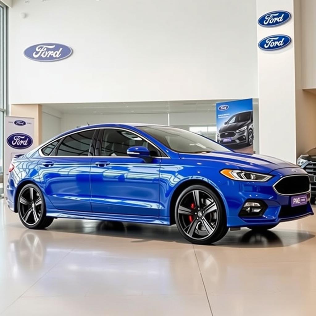 A blue 2025 Ford Falcon with an aggressive side view, featuring 20-inch sporty rims, showcased in a modern Ford dealership