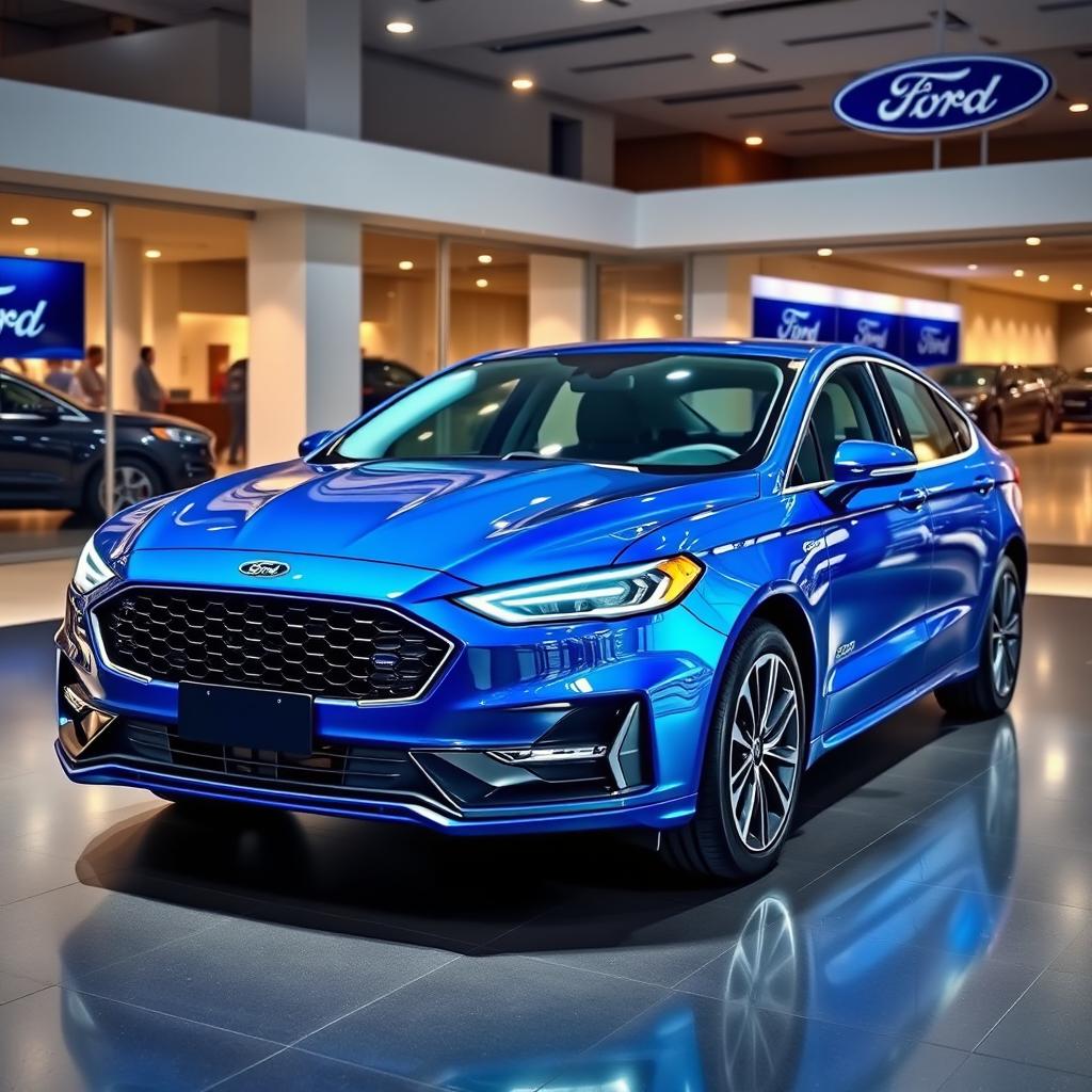 A blue 2025 Ford Falcon with luxurious leather interior, a sleek digital dashboard, and a 13-inch infotainment screen, elegantly displayed in a modern Ford dealership