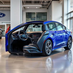 A blue 2025 Ford Falcon with luxurious leather interior, a sleek digital dashboard, and a 13-inch infotainment screen, elegantly displayed in a modern Ford dealership