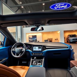 A blue 2025 Ford Falcon with luxurious leather interior, a sleek digital dashboard, and a 13-inch infotainment screen, elegantly displayed in a modern Ford dealership