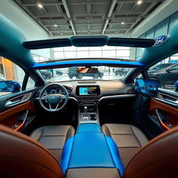 A blue 2025 Ford Falcon with luxurious leather interior, a sleek digital dashboard, and a 13-inch infotainment screen, elegantly displayed in a modern Ford dealership