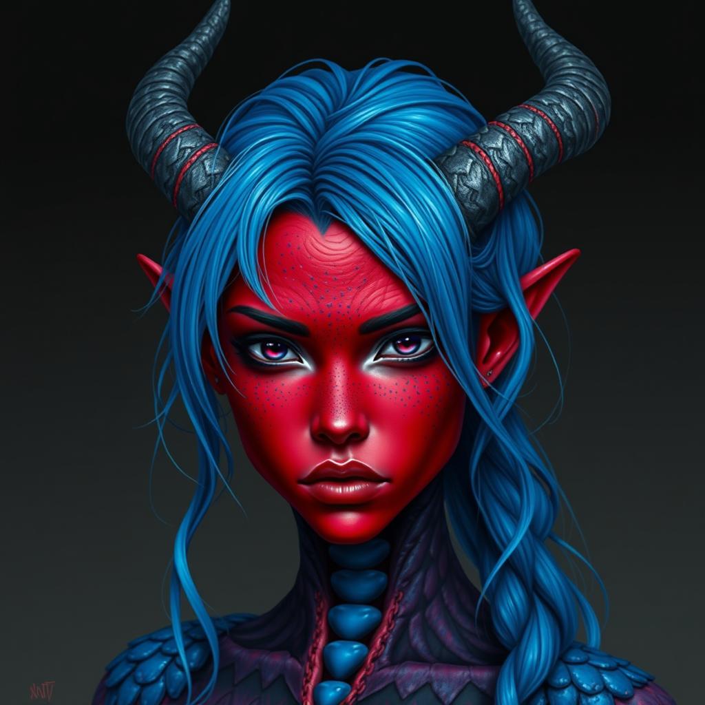 A female tiefling with deep black eyes and striking red skin, adorned with blue dragon scales