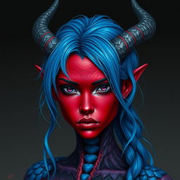 A female tiefling with deep black eyes and striking red skin, adorned with blue dragon scales