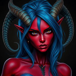 A female tiefling with deep black eyes and striking red skin, adorned with blue dragon scales